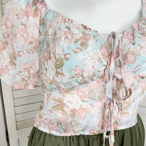 Active USA Sheer Floral Chiffon Tie Front Crop Blouse Blue Pink 1XL Puff Sleeve - Picture 8 of 15
